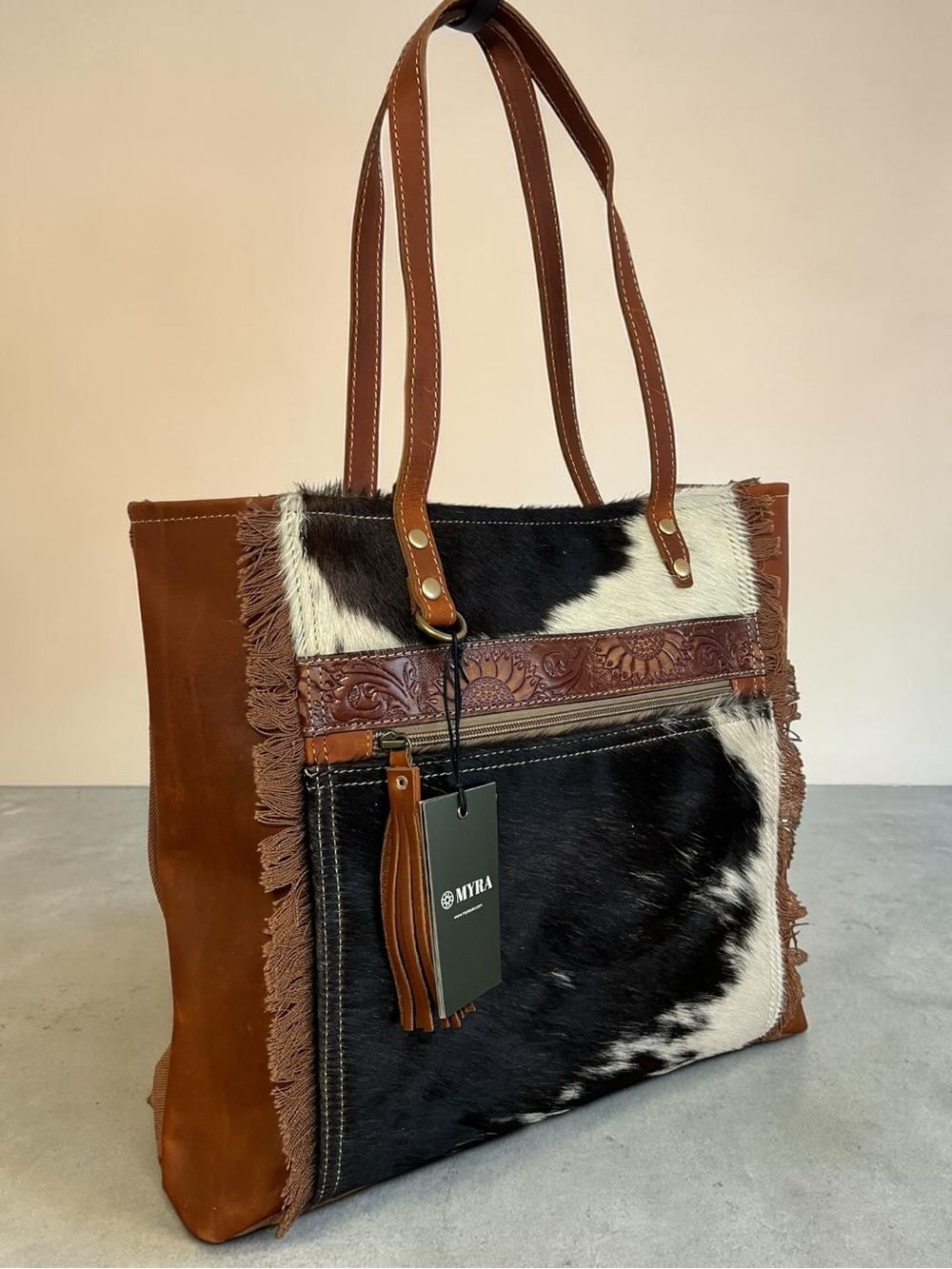 Myra Cowhide Tooled Leather Tote Bag Western Boho Floral Fringe Shoulder Bag - Picture 4 of 12